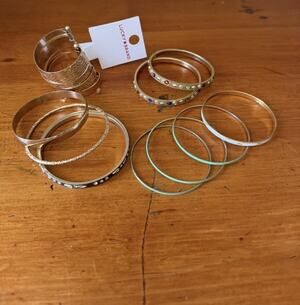 Gold Tone Bangle Bracelet Bundle Lucky Brand Rhinestone Stack Mixed Lot
